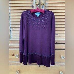 Aubergine sweater with velvet and bugle bead accents, substantial Medium
